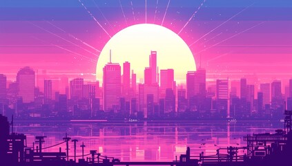 80s synthwave cityscape with the sun setting in the background, purple and pink colors
