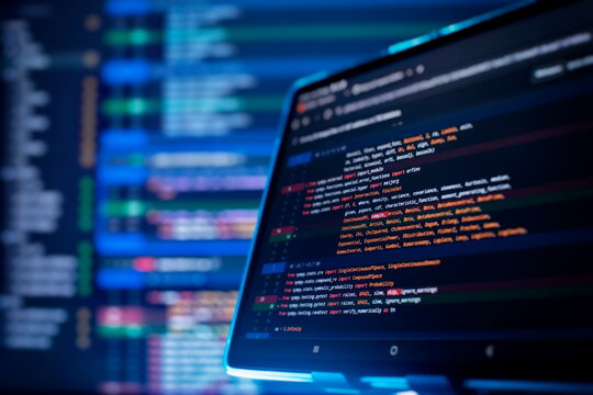 Running Computer data programming. Coding script text on screen. Notebook closeup photo.