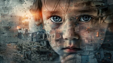Serious sad children in destructed city as a result of earthquake natural disaster or war strike
