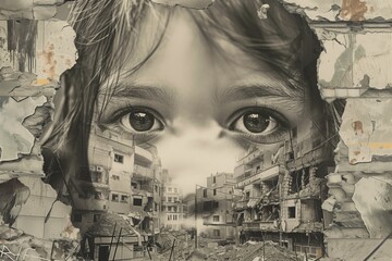 Serious sad children in destructed city as a result of earthquake natural disaster or war strike - obrazy, fototapety, plakaty