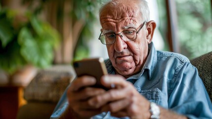 Elderly man using a banking app on his smartphone to manage his accounts