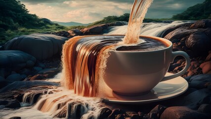 A cup of coffee that is next to a waterfall.