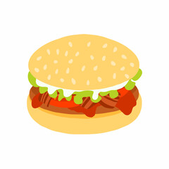 Burger with beef cutlet, cut bacon, ketchup, mayo sauce, fresh tomato slices and salad leaf. Icon in cartoon flat style. Vector illustration isolated on white background. For menu, poster, infographic