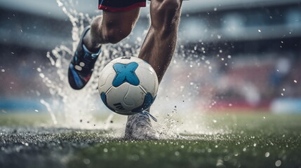 Close-up of a Leg in a Boot Kicking Football Ball. Professional Soccer Player Hits Ball with Fierce...