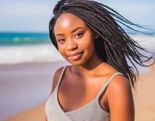 a beautiful young african dark-skinned woman posing for a photo at the beach on a vacation in summer, the sea or ocean water behind her