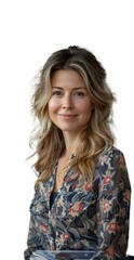 Fototapeta premium A woman with long blonde hair is wearing a floral shirt and smiling on a transparent background.