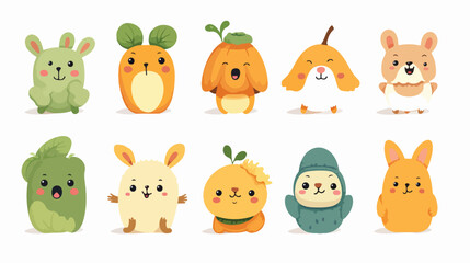Cute vegetables with fun faces. Happy food characte
