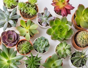 A bunch of different types of succulents are arranged in a pattern on a white background. Concept of variety and diversity, as well as a sense of harmony and balance - Powered by Adobe