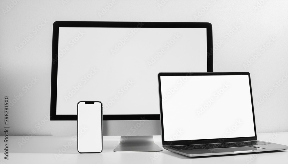 Poster mockup template for different screen sizes - monitor, tablet and phone - application design, web des
