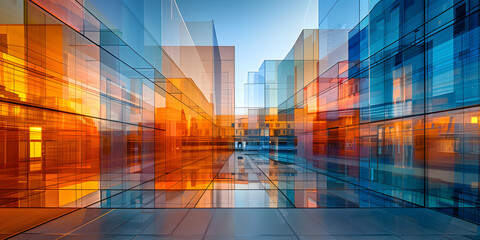 A multiple exposure of modern abstract glass architectural forms, showcasing the innovative and contemporary design of urban buildings.