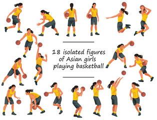 18 Asian women's basketball girl players in yellow shirts standing with the ball, running, jumping, throwing, shooting, passing the ball