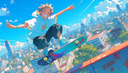 A boy in the air on his skateboard, doing an ollie over buildings, in an anime style, with a bright blue sky, colorful , and colorful skateboards against a cityscape background. 