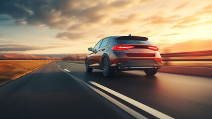 Modern car drive by road on high speed at sunset in a desert area