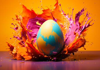 Vibrant Orange Background Easter Egg Bursting with Colorful Splashes and Paint Splatters - Festive Springtime Concept - obrazy, fototapety, plakaty