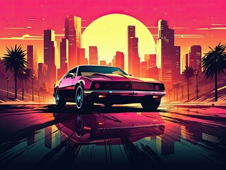 Silhouette of a classic car driving against a sunset in a city filled with futuristic skyscrapers and glowing neon signs - obrazy, fototapety, plakaty