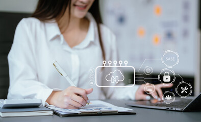 Hand touching Secure Access Service Edge icon on smartphone virtual screen background, password, network, framework and support technology in office. SASE secure access service edge concept.