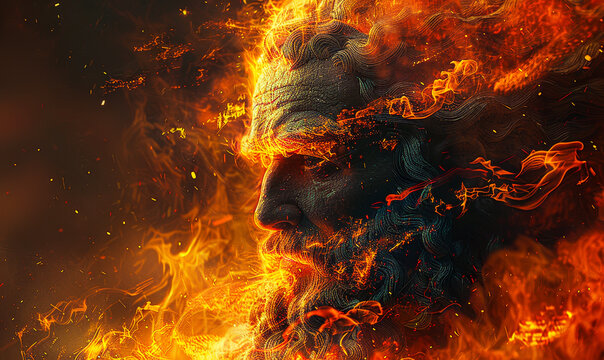 Greek Mythological God Prometheus Igniting Fire Torch amidst Storm Clouds