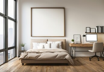 Frame mockup, Empty Picture Frame Mockup in Modern Bedroom with White Bedding, high-resolution (300 DPI)