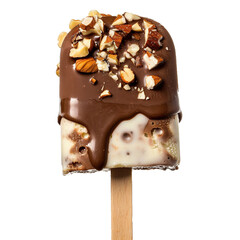 Popsicle ice cream with chocolate coating and nuts isolated on white background.