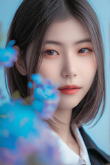 a korean girl with colorful Blue Hydrangea flowers lightly overlapping on face