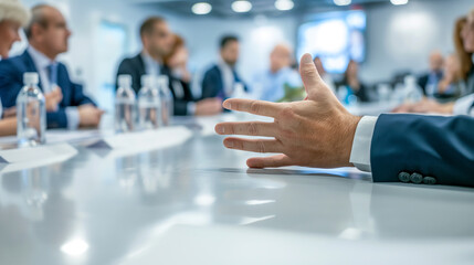Corporate environment with an executive gesturing during a conference, exemplifying leadership and communication