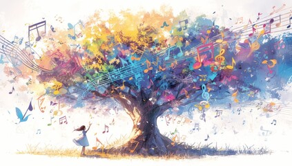 Obraz na płótnie Canvas A colorful tree with musical notes and staffs growing from its branches, representing the beauty of music in nature. 