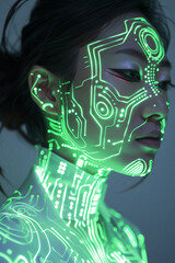 Asian girl with Colorful glowing neon circuit traces in their skin wearing an intricate futuristic technological 