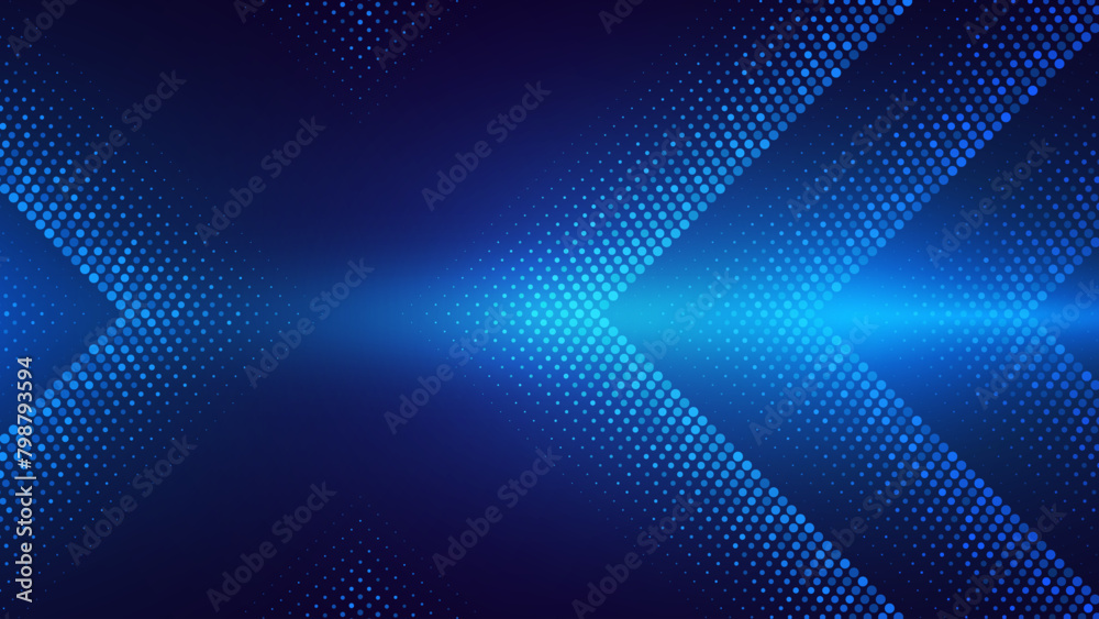 Poster Digital Halftone Arrows Pointing To The Center. Abstract Technology Background. Hi-Tech Business Presentation Template. Vector Illustration.