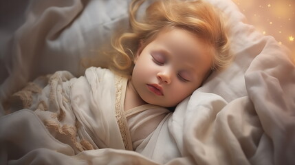 Obraz premium Child sleeping and dreaming in his bed under the stars.