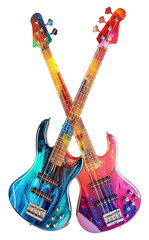 Two crossed colorful bass guitars, isolated on white background.