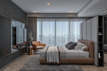 3d rendering modern bedroom interior scene design, city view from the large window