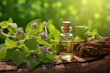 A bottle of Patchouli aromatherapy essential oil on natural background - obrazy, fototapety, plakaty