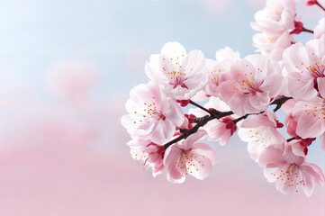 Branch of blossoming cherry against background of blue sky. Pink sakura flowers, dreamy romantic image spring, landscape panorama, copy space.