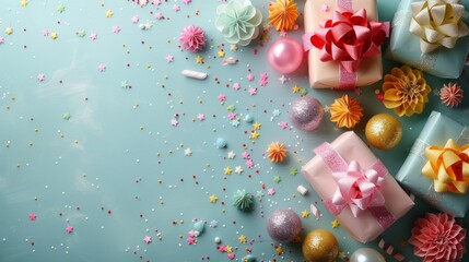 Festive background with wrapped gifts, baubles and stars. - obrazy, fototapety, plakaty