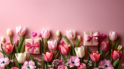 vibrant tulips and roses with a gift box on a pink background. Perfect for Valentine's Day, Mother's Day, or any special occasion. - obrazy, fototapety, plakaty