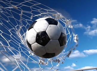 Soccer Ball Hitting the Back of the Net Against a Clear Blue Sky