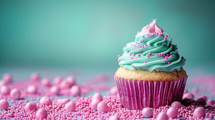 Scrumptious pink and blue cupcake with sprinkles on a bed of pink sprinkles against an aqua background. - obrazy, fototapety, plakaty