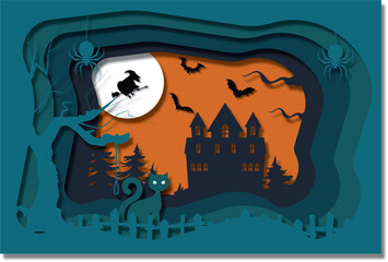 Halloween Night - Vector Paper Cut illustration