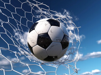 Fototapeta premium Soccer Ball Hitting the Back of the Net Against a Clear Blue Sky