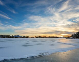 Obraz premium A frozen lake with a beautiful blue sky in the background. The sky is cloudy and the sun is setting