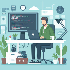 man freelancers working on laptop or computer at home