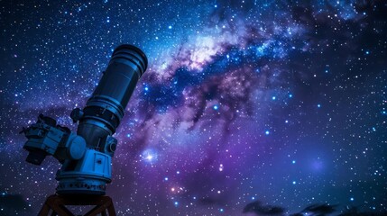 Atmospheric image of an observatorys telescope under a starlit sky showcasing vibrant nebulae and stellar formations, ideal for documentary and space interest articles - obrazy, fototapety, plakaty