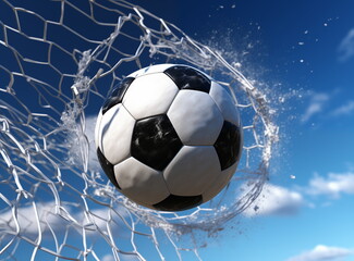 Fototapeta premium Soccer Ball Hitting the Back of the Net Against a Clear Blue Sky
