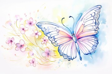 butterfly on flower watercolor, delicate butterfly on flower watercolor