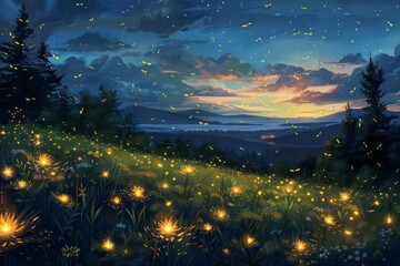 Atmospheric scene of fireflies lighting up a twilight meadow, creating a magical summer night ambiance that captivates and delights