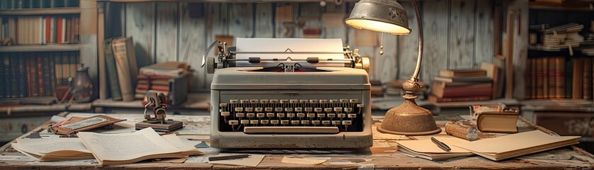 Atmospheric shot of a vintage writer   s desk with an old typewriter, scattered manuscripts, and a dimly lit lamp, evoking a nostalgic and creative ambiance