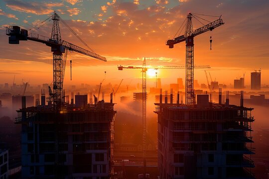 Atmospheric view from above a construction site during sunrise