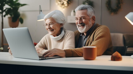 Middle-aged couple communicate via video link with relatives. Senior man and woman are looking at a laptop