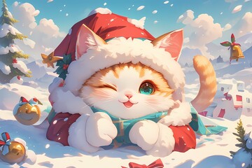 cute cartoon cat wearing christmas hat in the snow