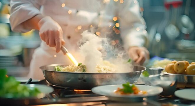 A chef is cooking a delicious meal in a restaurant kitchen.